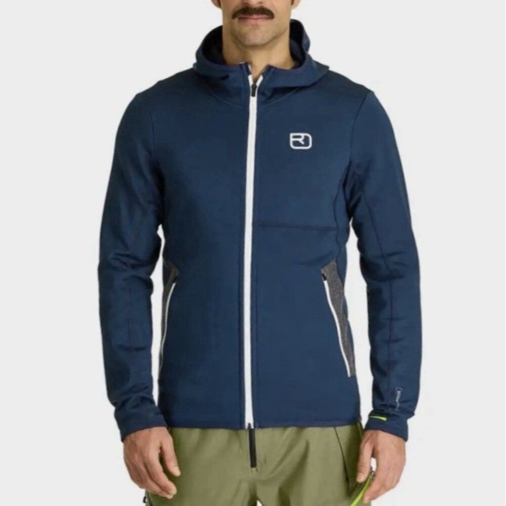 Ortovox Hoodie Mens M Blue Fleece Full Zip Jacket Virgin Wool Blend Zip Pockets